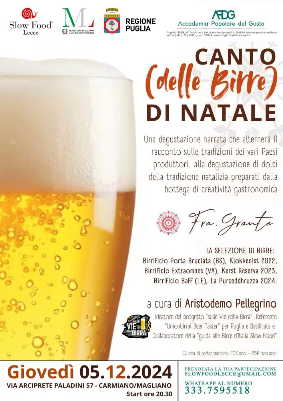 Locandina di Canto delle Birre di Natale con SlowFood Lecce